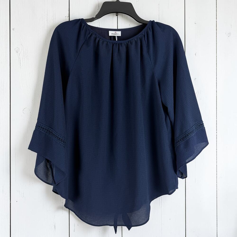 I.N. Studio Navy Blouse Size M Tie Front Boho Flowy Lightweight Top